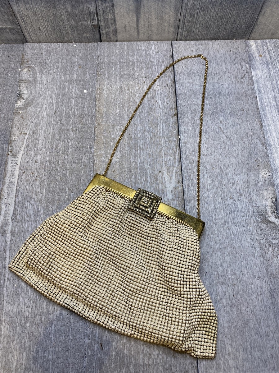 Antique / Vintage Whiting & Davis White Mesh Bag Rhinestone Clasp