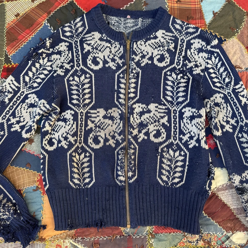 Vintage 1930s Griffin Mythical Creature Sweater Knit Zip Up Cardigan Blue Wool - Image 3 of 4
