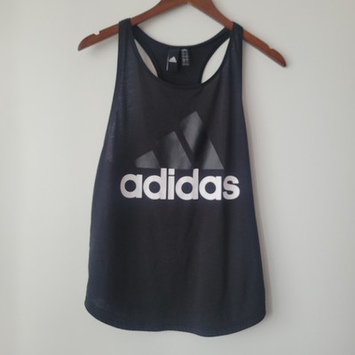 Adidas Loose Fit Tank Top Small Womens Black Racerback Spell Out Logo Gym Active