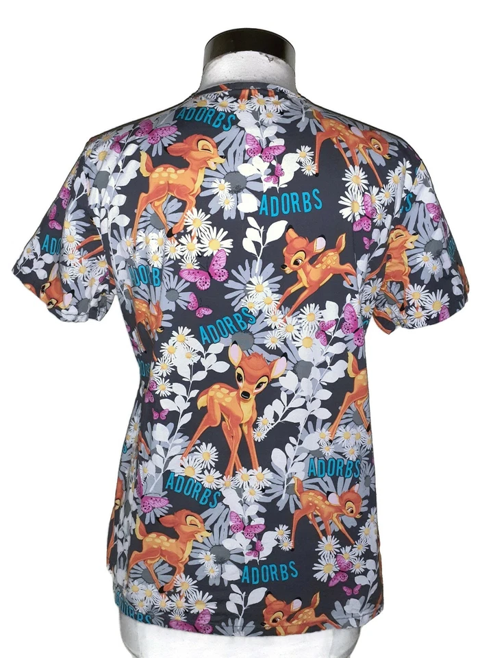 DISNEY Size M Scrub Top Bambi Flowers Butterflies - Image 4 of 4