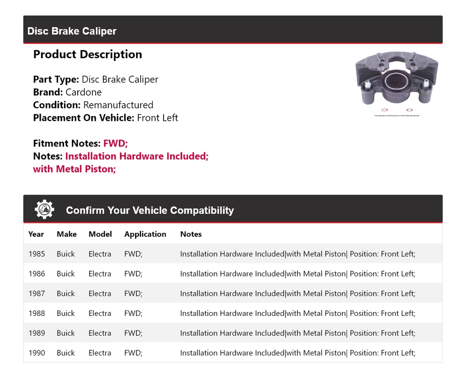 For 1985-1990 Buick Electra FWD Disc Brake Caliper Front Left Cardone 1986 1987 - Image 2 of 4