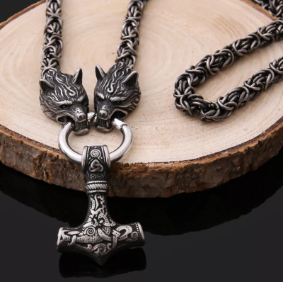 Odin's Wolves Viking Necklace | Mjolnir Pendant | Fenrir Wolf | Viking Jewelry