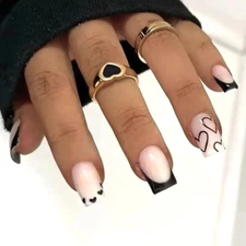 24 Fake Nails Black Tip Hearts Press On Style Kit Glam Manicure Sexy Vacation