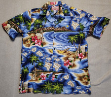 RJC Hibiscus Hawaiian Island Hawaiian Camp Button Up Shirt Navy