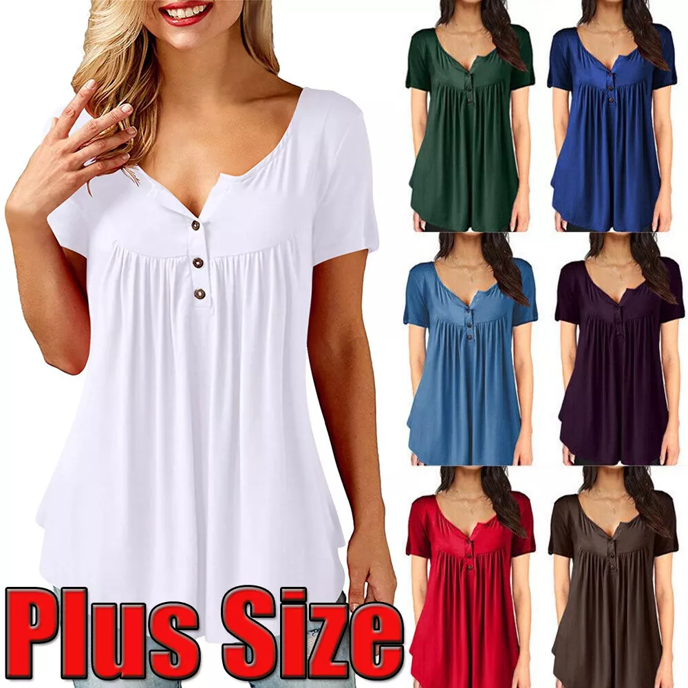 Women Plus Size V Neck Tops Ladies Summer Short Button Sleeve Swing T-Shirt  UK20