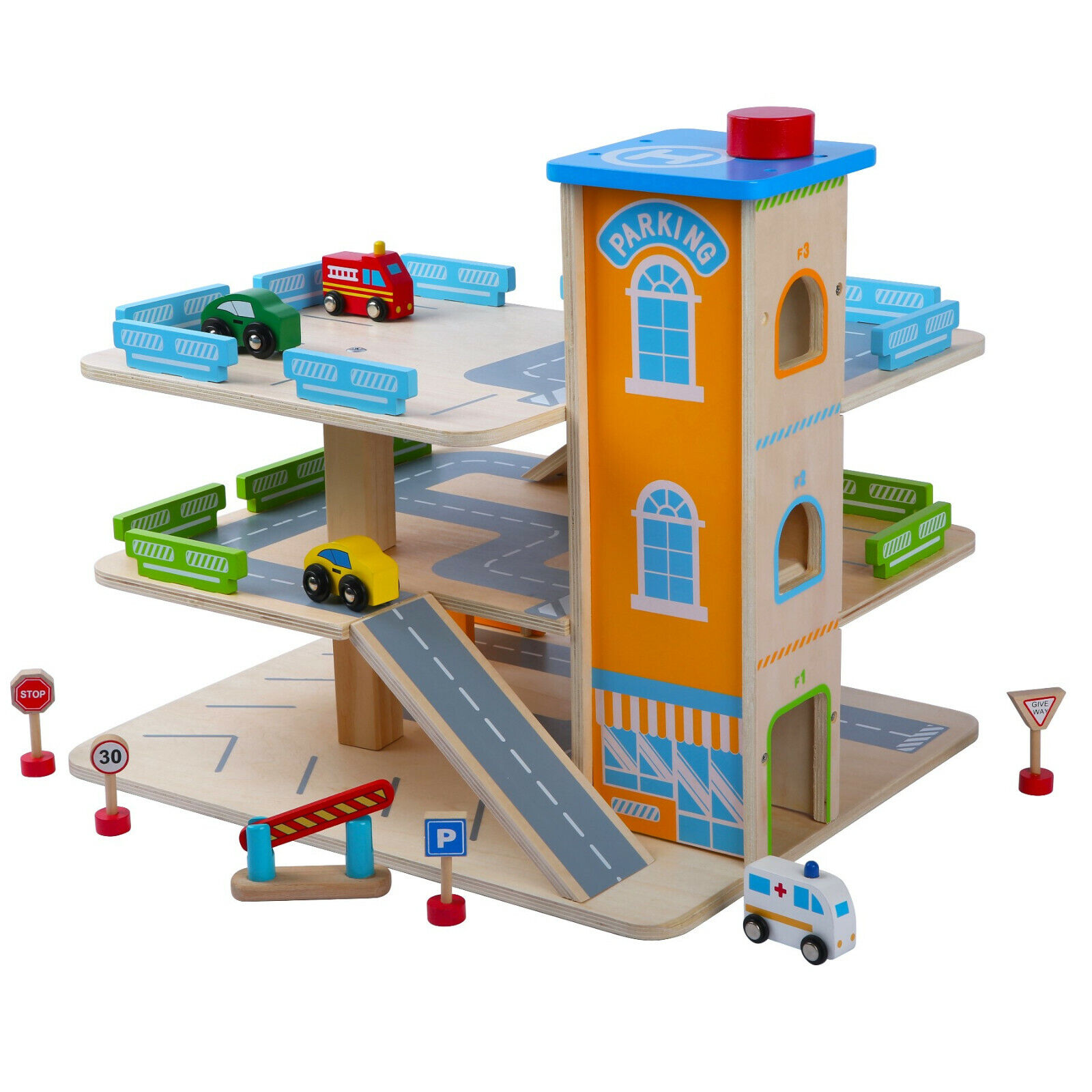 Parkgarage aus Holz Autogarage Parkhaus Garage incl. 4 Spielzeugautos Parktower