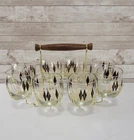 Vintage Federal Harlequin Roly Poly Black Gold Diamond Set Caddy & 8 Glasses EUC