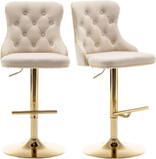 Velvet Bar Stools Set of 2, Counter Height Bar Stools with Button & Nailheads Tr