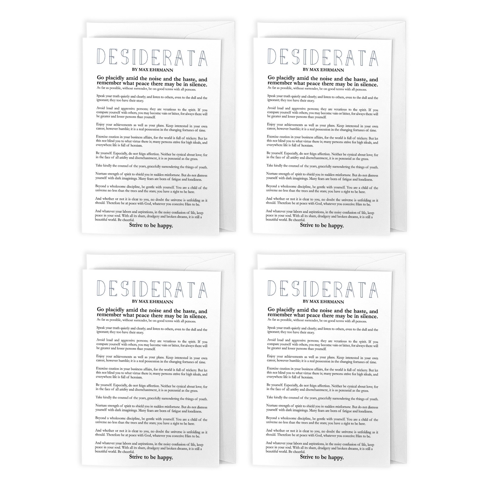 Desiderata Poem Ehrmann Typography Cards Any Occasion Multipack of 4 Blank A6