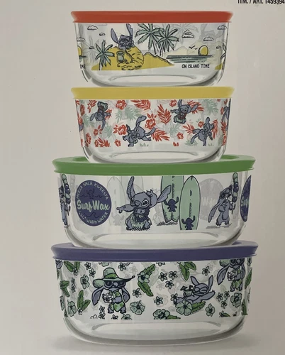 NIB Pyrex Disney Stitch Decorated Glass Food Storage Bowl & Lid 8Pc Set 🇺🇸