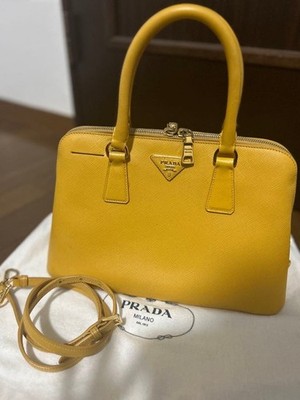 Prada Saffiano Leather Handbag detachable Shoulder Bag Mimosa Yellow Used Japan