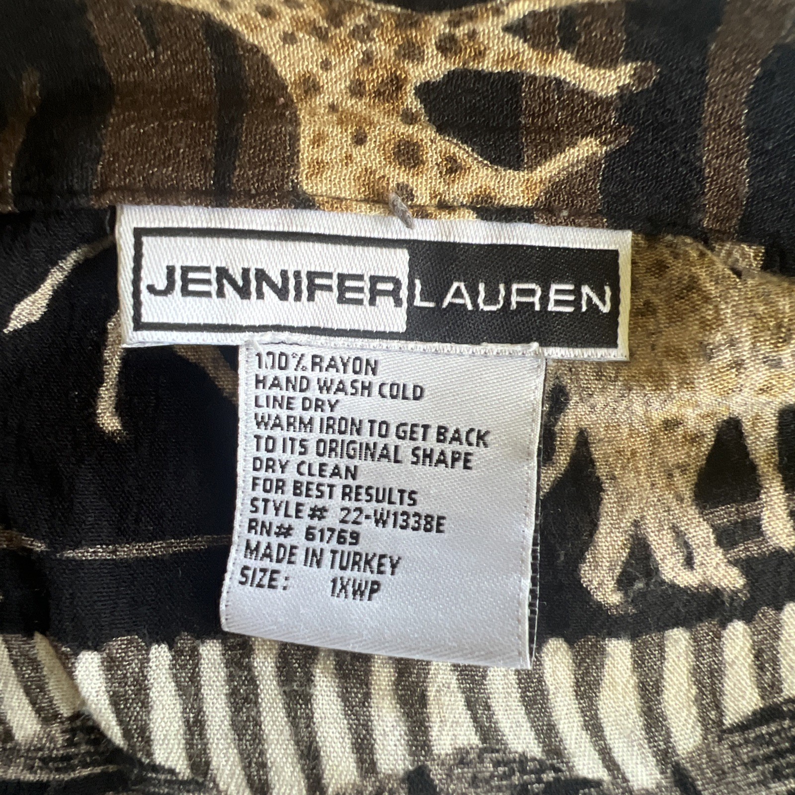 Jennifer Lauren Top Blouse Women 1X Black/Brown Animal Print w Inner Shirt Rayon
