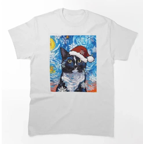 Starry Night Tuxedo Cat Christmas Santa Hat Graphic T Shirt Tee video thumbnail