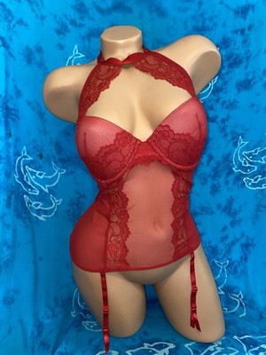 NWOT Sexy Adore Me Red Lace Halter Top Push Up Bra Bustier W/ Garters 32DD