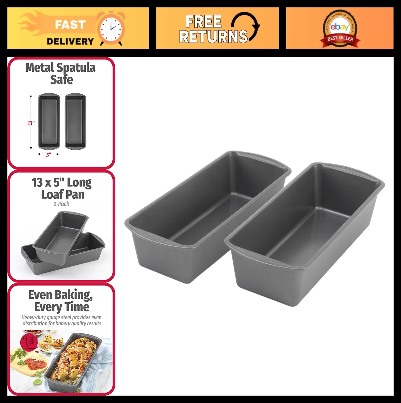 Extra Large Nonstick Steel Bread Loaf Pans Set of 2 - 13" x 5", Durable, Easy Cl
