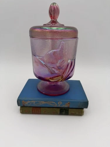 Vtg  Collectible Fenton Glass Chessie Cat Candy Jar 1997 Iridescent Pink,Tag ￼