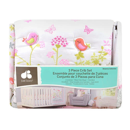 Juego de ropa de cama de cuna de 3 piezas Just Born Botanica patrones incluyen pájaros cantores mariposa Foto 4 de 4