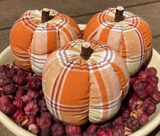 Primitive Fall Halloween Orange Multicolor Plaid Homespun Pumpkin Ornies, 3