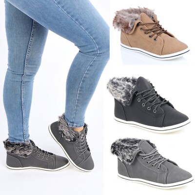 DAMEN FLACH ZUM SCHNÜREN KUNSTFELL WARM WINTER SCHNEE FREIZEIT SNEAKER PUMPS SCHUHE