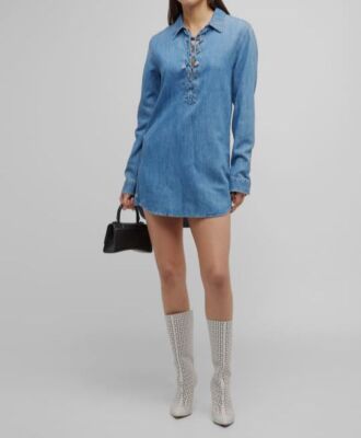 Mother The Lace Up Shirt Dress Salt and Lime in Khaki