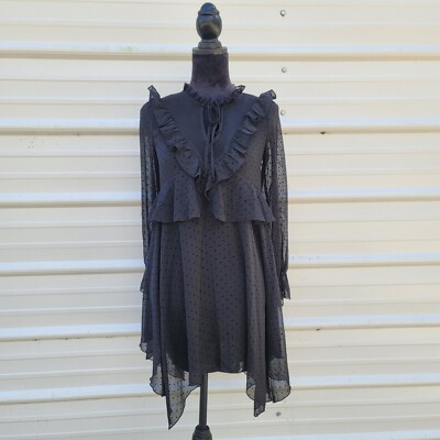 NWT Forever 21 Black Polka Dotted Smock Fitted Mini Dress Ruffle BOhO long  Slv S | eBay