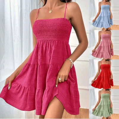 Damen Urlaub Rückenfreies Tr?ger-Swing-Sommer-Mini-Strandkleid Mit Stretch J▽ - Bild 1 von 4