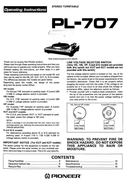 Operating Instructions for Pioneer PL-707