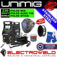 UNIMIG ENVY Multi 230 ACDC Welder Stainless Steel Bundle + Helmet Wire U11203