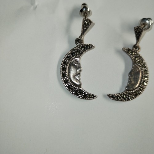 Vtg Estate Sterling Silver Crescent Moon Man Earrings Marcasite Dangle Celestial - Picture 4 of 11