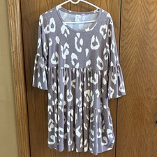Leopard Print Taupe Tiered Bell Sleeve Knee Length Dress Round Neck L