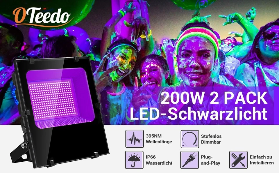 OTeedo UV Schwarzlicht 200W – Dimmbar IP66 – LED Fluter 2er Set – Party Deko - Bild 3 von 4