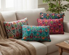 Embroidered Cushion Cover 40x60cm Cotton Rectangular Boho Pillow 4 Colours