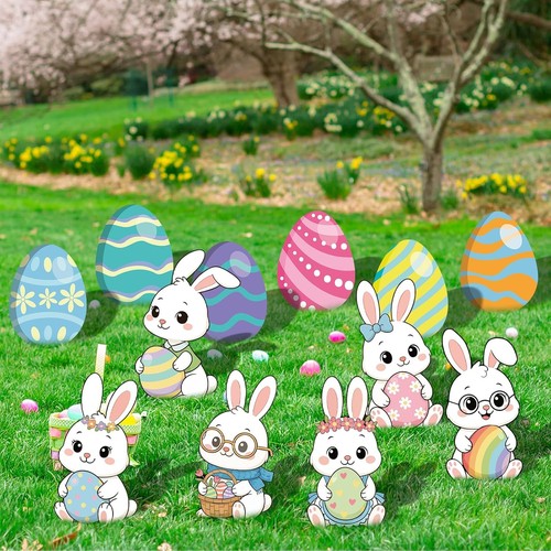 12-Piece Outdoor Easter Bunny & Egg Yard Signs - Weather-Resistant Garden Decor - Picture 4 of 9
