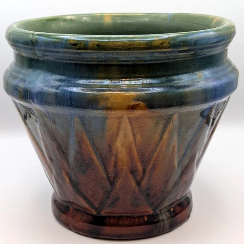 Blue Brown Green & Gold Glaze McCoy Art Deco Sunburst V Jardiniere w Shield Mark