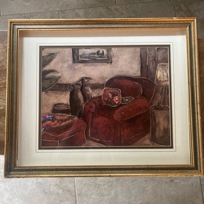     Vintage-Style Red Armchair Framed cozy living room wall art gold frame