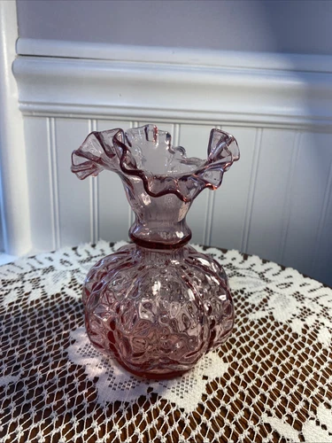 Vintage Pink Fenton Art Glass Ruffle Top Beaded Melon Vase 6”