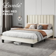 Levede Wooden Bed Frame King Panel Plush Upholstered Metal Bed Platform Beige
