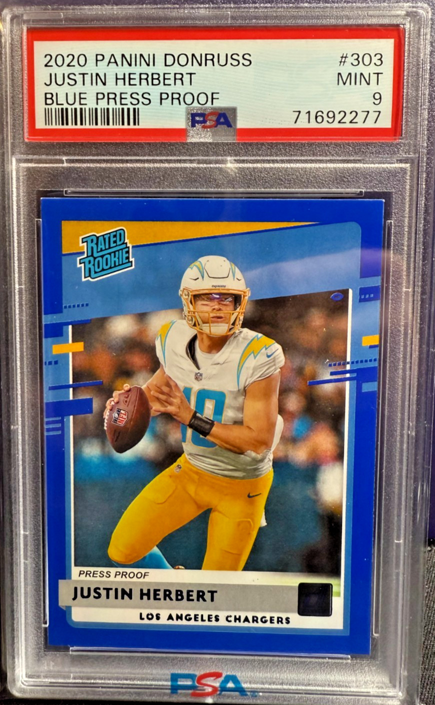 2020 Panini Donruss Justin Herbert Blue Press Proof Rated Rookie #303 PSA 9 MINT
