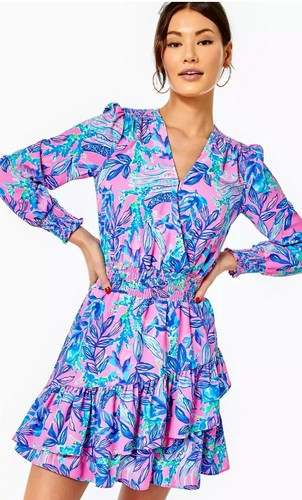 Lilly Pulitzer Cristiana Dress 4 Lilac Rose Tiered Ruffle Stretch Colorful Flowy