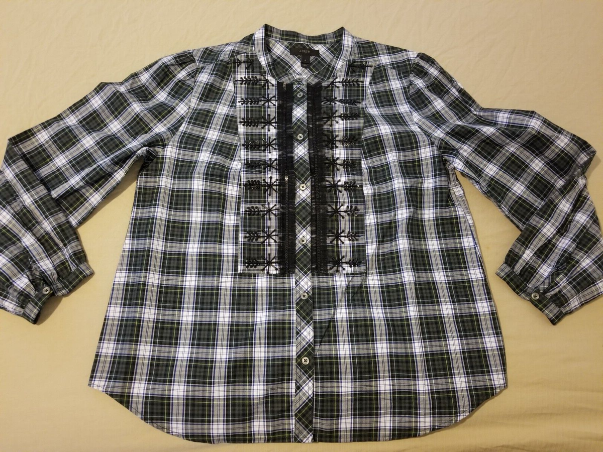 j crew womens dress shirts J. Shirt 8 Green Plaid Tartan Button Cotton Blouse sleeve shirt is subtly cropped and a bit more fitted than our classic styles Tuxedo-bib Button-up Shirt In Stripe