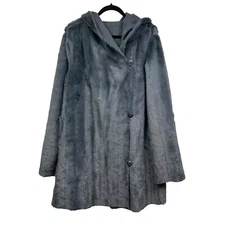 Adrienne Landau Womens Hooded Jacket Faux Fur Reversible Pockets Gray Size XL