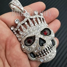 HIP HOP ICED SILVER PLATED ALLOY CUBIC ZIRCONIA LARGE CROWED SKULL CHARM PENDANT