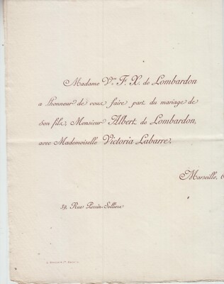 1890 Heiratsurkunde Albert de LOMBARDON & Victoria LABARRE - Marseille.