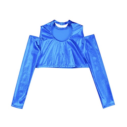 Kids Girls Metallic Crop Tops Long Sleeve Off Shoulder Hollow Out Dance Shirts - Picture 36 of 38