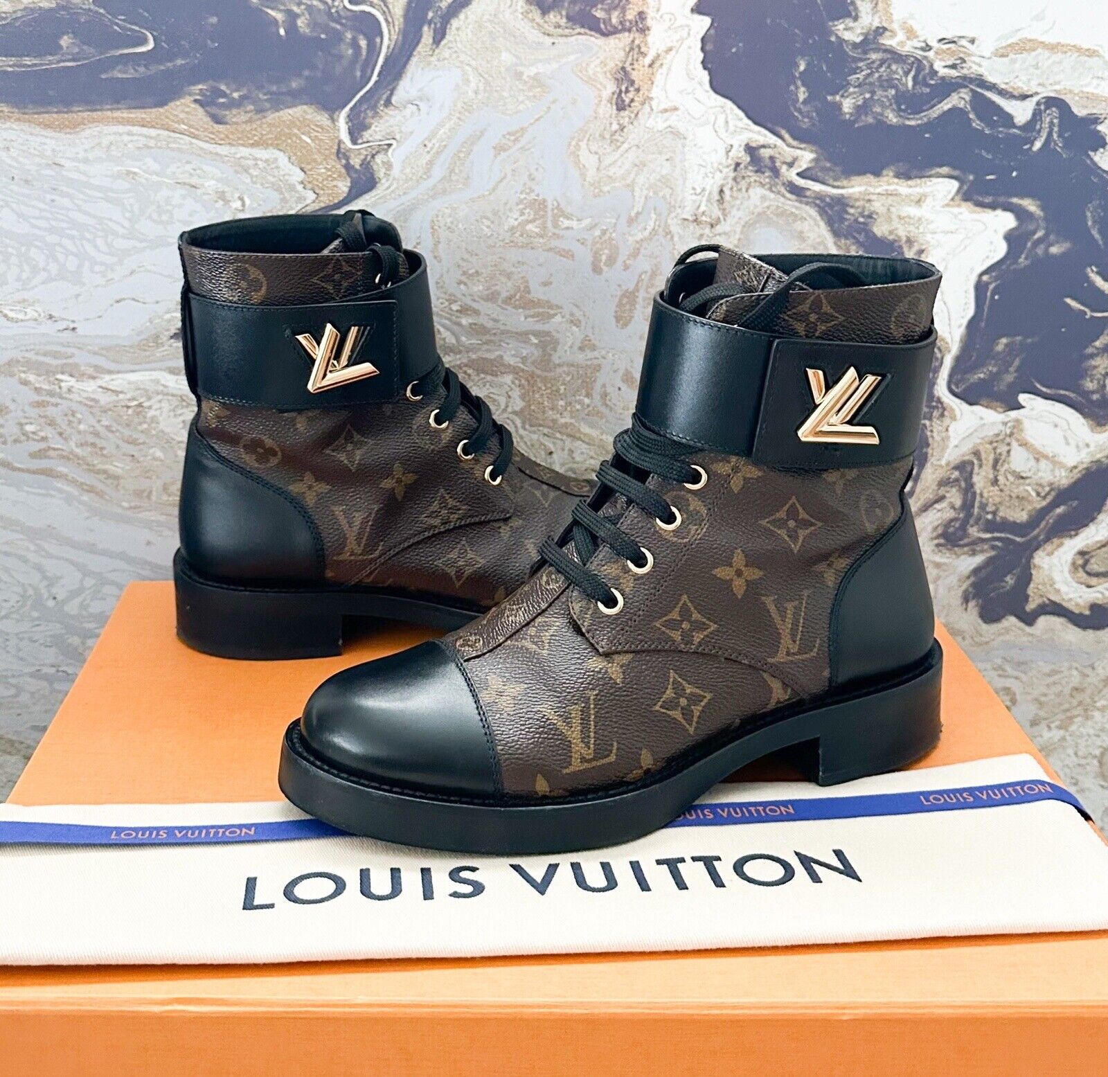 LOUIS VUITTON Womens Black Leather Combat Boots LV Gold Logo Wonderland  Ranger