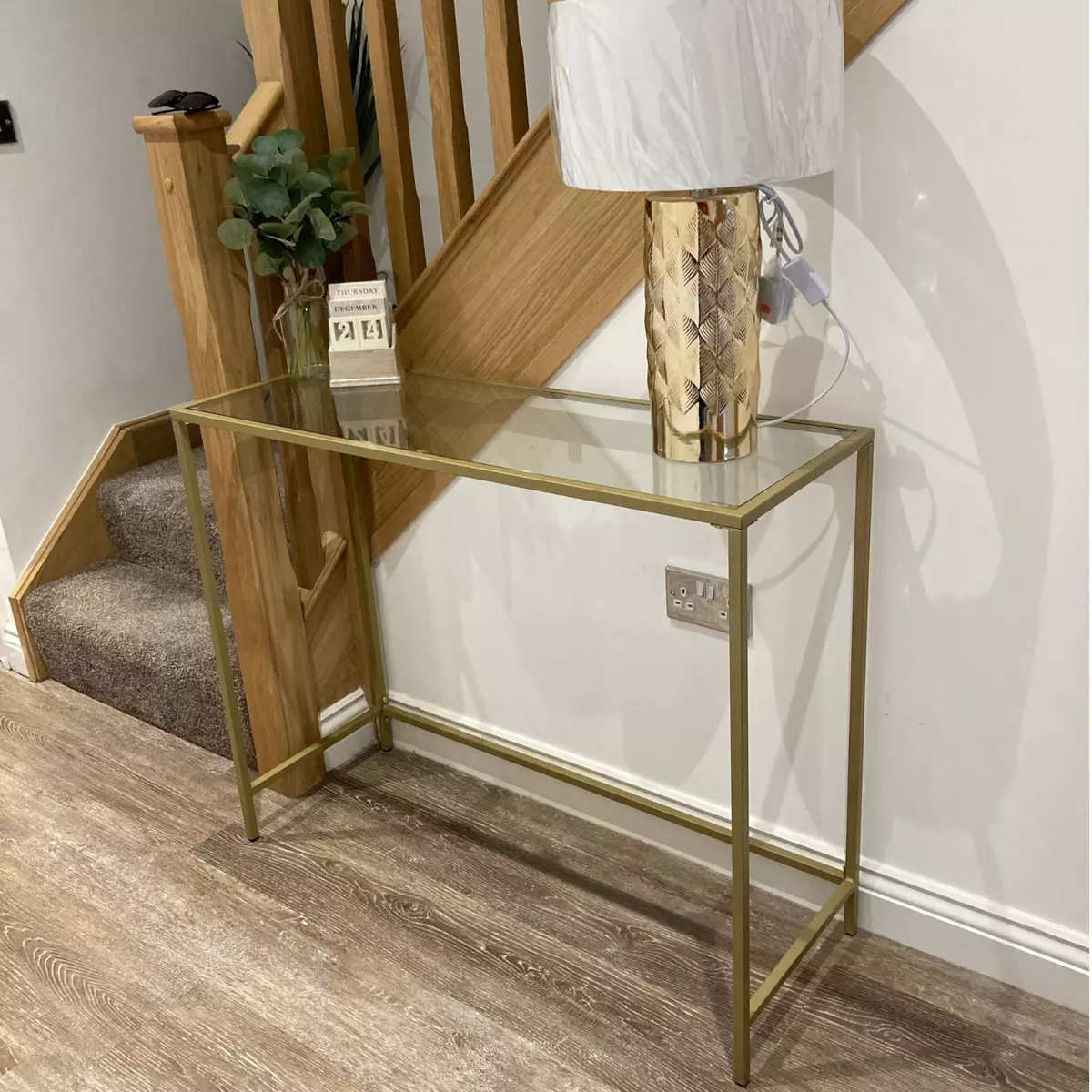 Modern Slim Gold Console Table Narrow Legs Tempered Glass Metal Frame Shelf