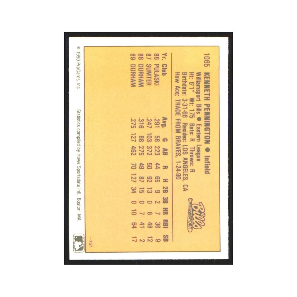 1990 ProCards Ken Pennington Williamsport Bills #1065 - Image 2 of 3