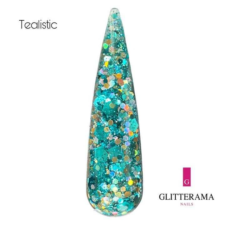 TEALISTIC coloured Glitter acrylic powder Glitterama nails Green blue gold ocean