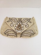 Vintage Beaded Clutch Purse France Cream Art Deco Snap Close