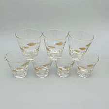 MCM Lowball/Rocks Cocktail Bar Glasses Gold Swimming Etched Fish Reeds Set of 7
